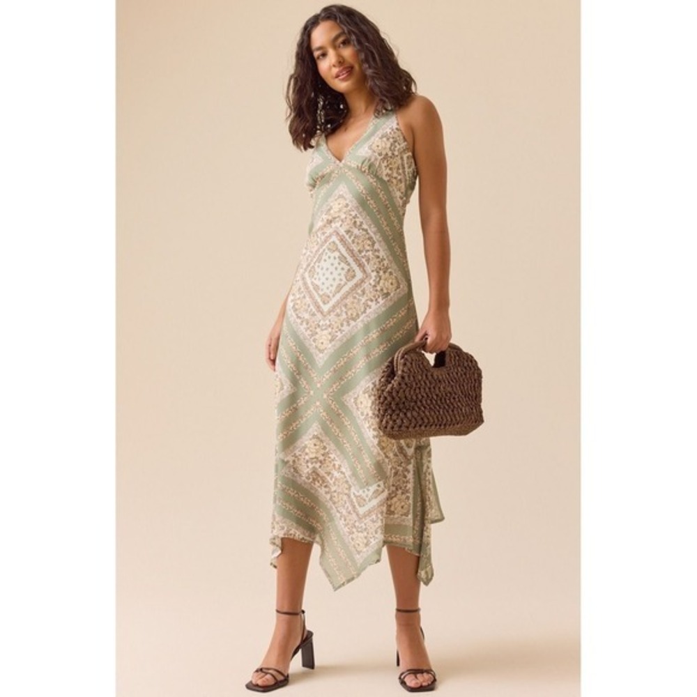 Altar'd State Desert Sage Floral Halter Handkerchief Midi Dress Size Medium